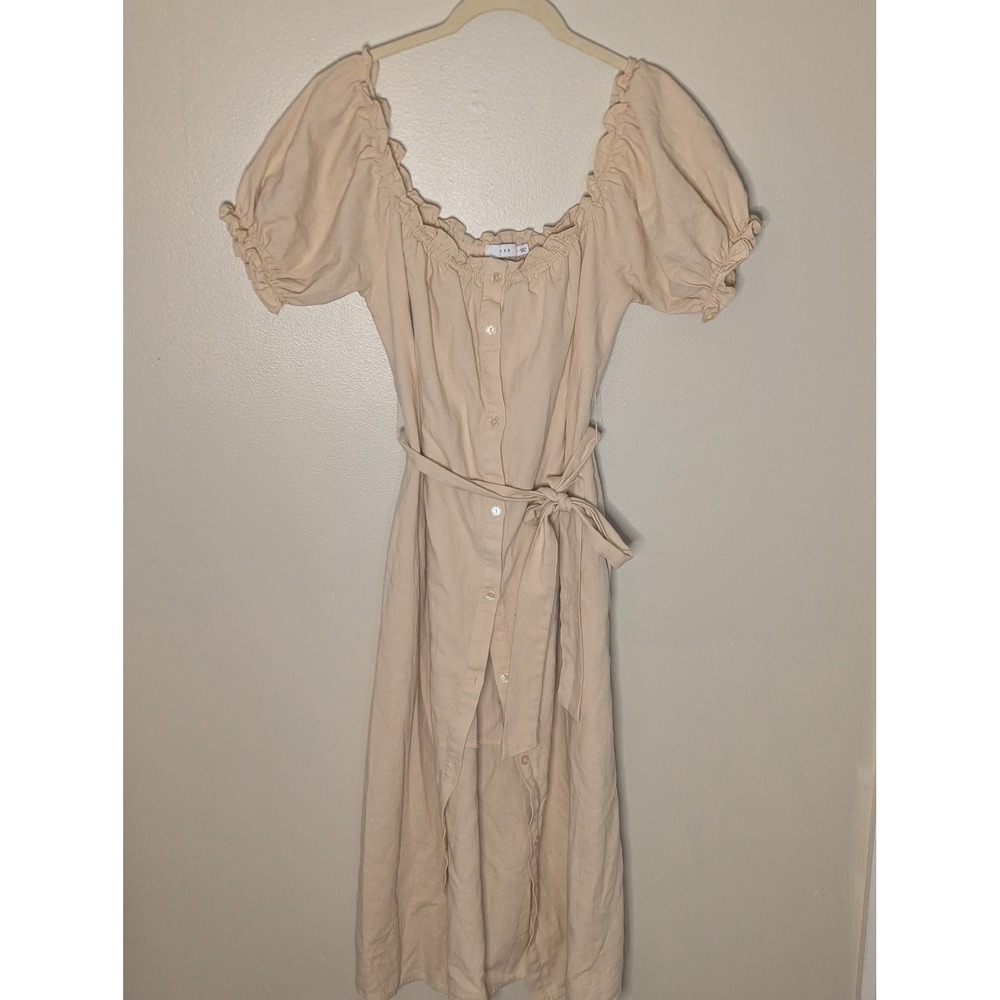 Lush Linen Blend Button Front Puff Sleeve Midi Dress Beige Cottagecore Medium